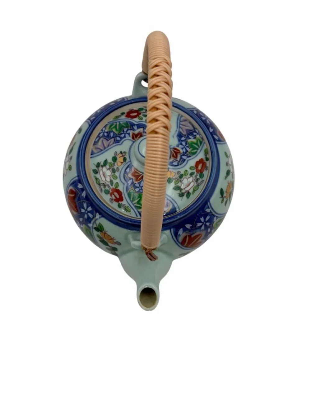 Arita Japan Kyusu Teapot Hand Painted Floral Porcelain Rattan Handle 6.25”